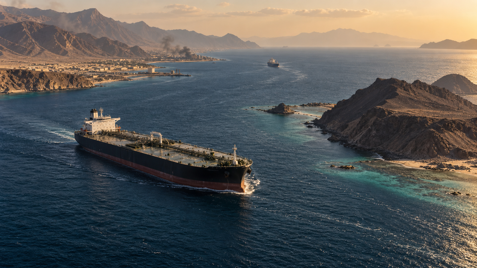 Commercial tanker navigating the Bab el-Mandeb passage beside the Yemeni coast
